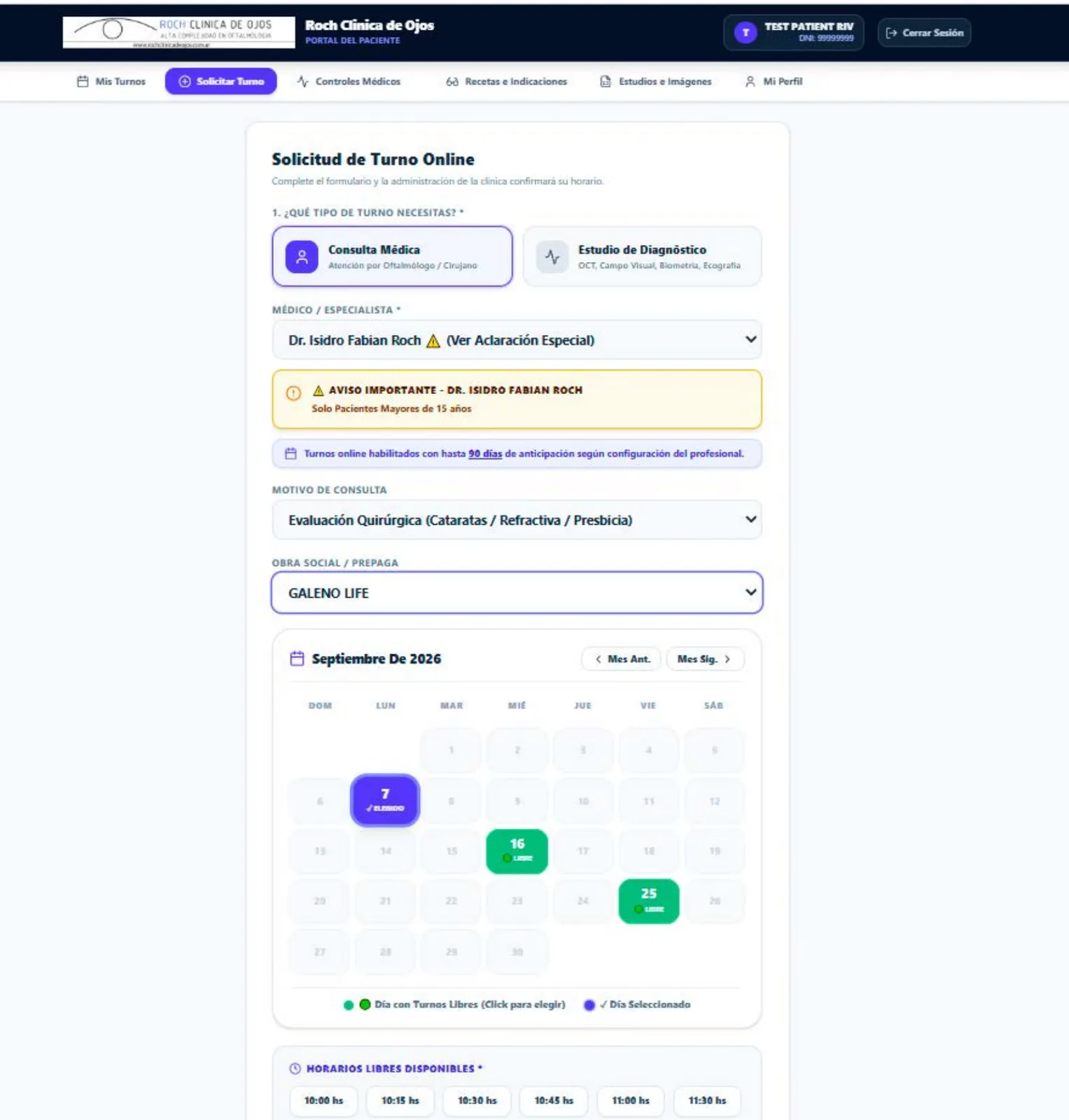 Portal del paciente de Oftal‑IA con solicitud de turnos online