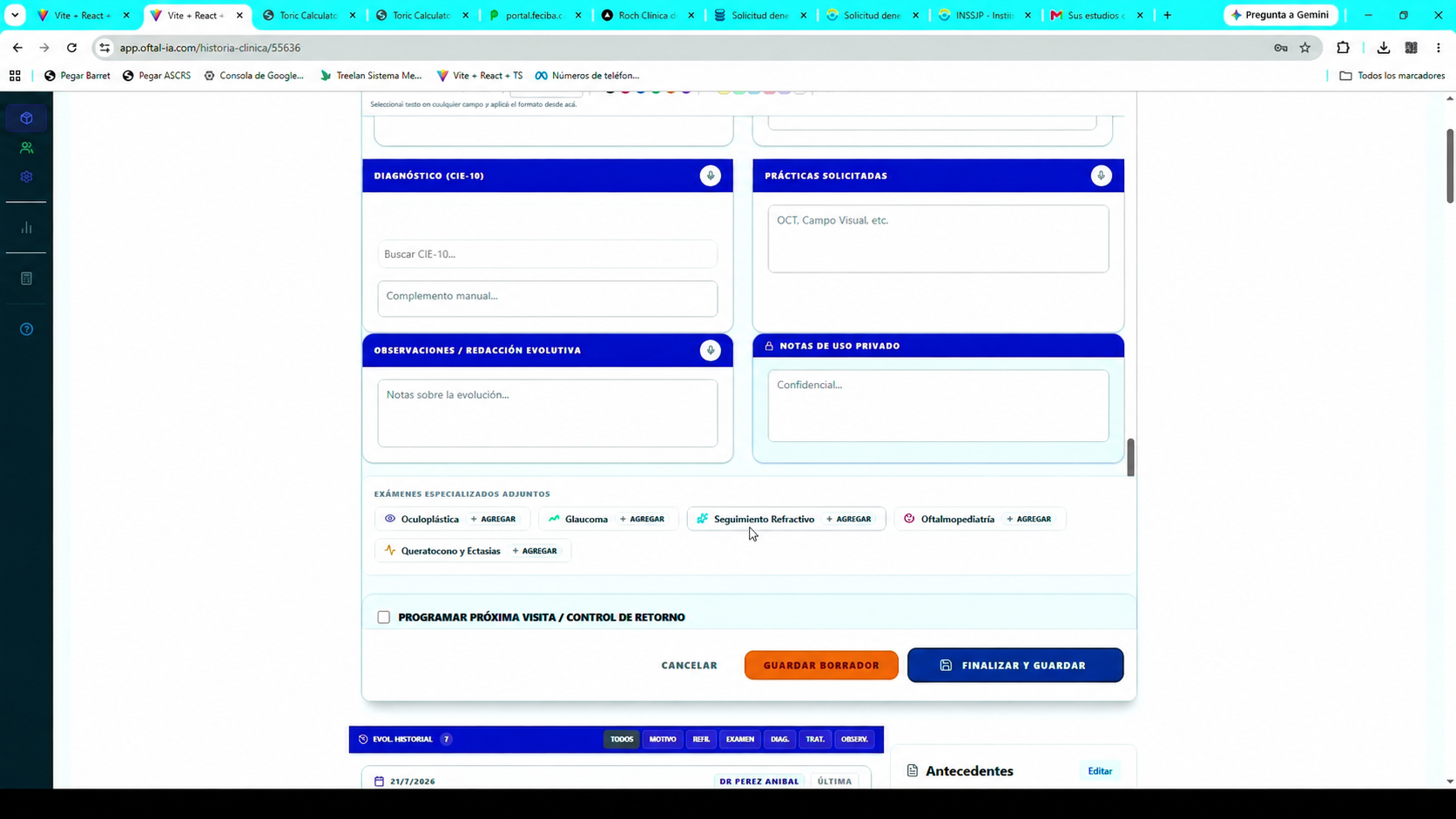 Evolución clínica de Oftal-IA con acceso al módulo de glaucoma y programación del próximo control